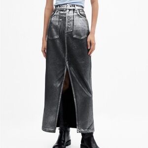 Mango (mng) Long Foil Denim Metallic Maxi Skirt Black Size Large